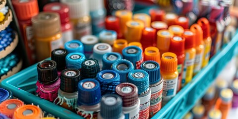 Glue types in a craft caddy, neatly labeled, close-up, organized for easy access 