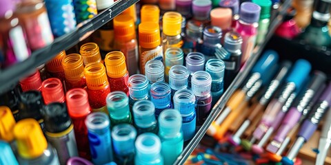Glue types in a craft caddy, neatly labeled, close-up, organized for easy access