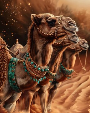 A surreal image of camels transporting golden sand in a desert, where each grain represents a unit of cryptocurrency