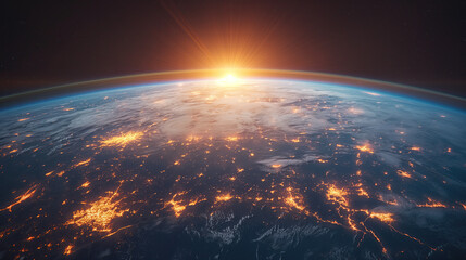 The breathtaking view of Earth from space, with the sun rising or setting on the horizon, casting a warm glow over the planet's surface.  - obrazy, fototapety, plakaty