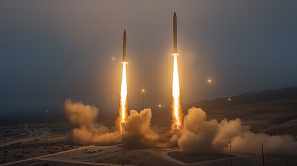 Missile launch site in a desert landscape. Two missiles are ascending into the sky, surrounded by smoke and fire. The launch pad is illuminated by floodlights, and the sky has a dusk hue. - obrazy, fototapety, plakaty