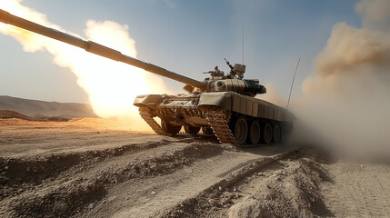 Military tank firing its main cannon in a desert or rugged terrain, with dust and smoke billowing around it, against the backdrop of a bright sun.