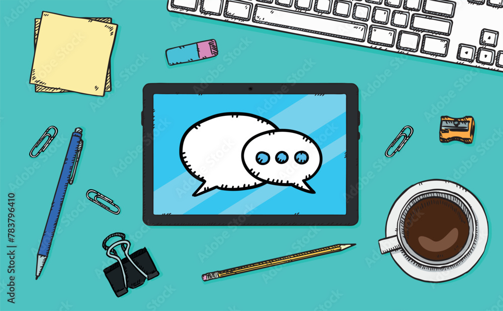 Poster a vector graphic showing a tablet lying on a desk with a chat app displayed on the screen. lying aro