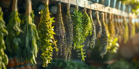 Herbs hanging to dry, rustic kitchen backdrop, close view, natural lighting 