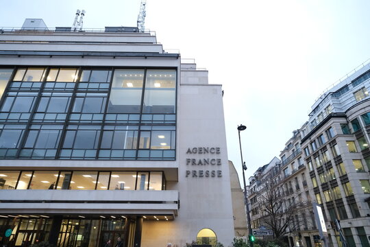 A view of the facade of the AFP building. Paris, France - February 29, 2024. 