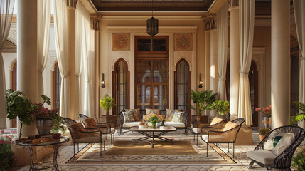 Luxurious Moroccan Style Courtyard with Arched Architecture - obrazy, fototapety, plakaty