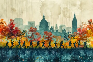 Runners dressed as literary characters sprinting past iconic landmarks, a whimsical illustration for a book-themed run