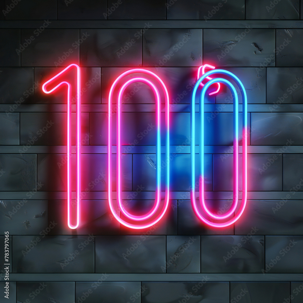 Wall mural the number one hundred glows in the dark with a neon light