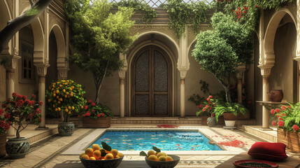 Traditional Moroccan Courtyard Oasis with Decorative Pool - obrazy, fototapety, plakaty