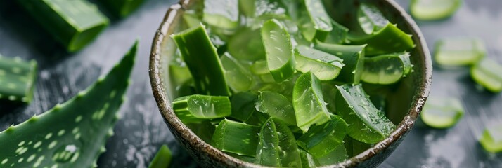 Chopped aloe vera leaves surrounded by their extracted gel - obrazy, fototapety, plakaty