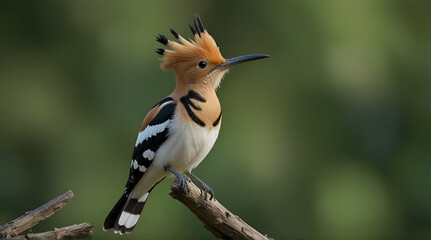 Eloquent eurasian hoopoe, upupa epops, sitting on a branch with white larva in beak on green background. Wild bird with open crest from feathers perched from side view in summer nature.generative.ai - obrazy, fototapety, plakaty