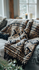 Close-up of a patterned throw blanket draped over a sofa, scandinavian style interior