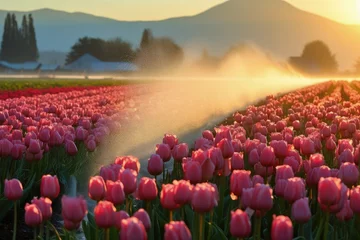 Fotobehang Tulip field with irrigation at sunrise © BetterPhoto