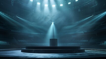Podium positioned at the center of a vast stadium, illuminated by flashes of light amidst rows of...