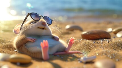 Relaxed mouse sunbathing on beach - obrazy, fototapety, plakaty