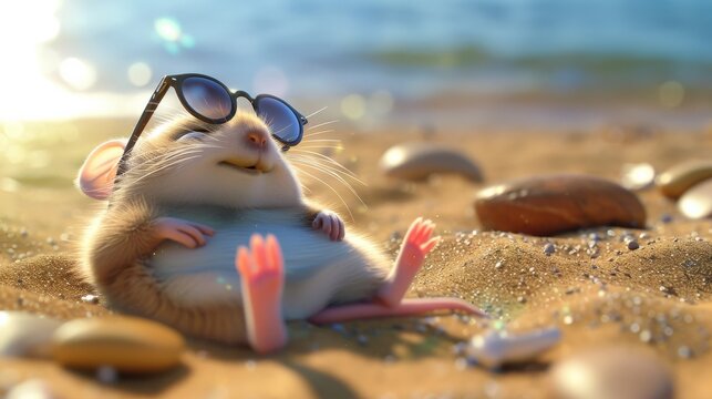 Relaxed mouse sunbathing on beach
