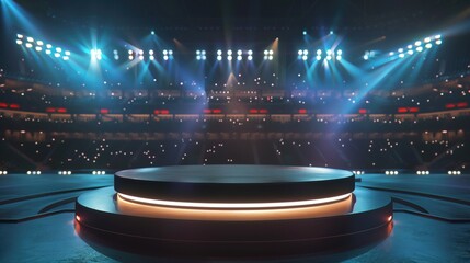 3d podium with copy space, The background includes a football stadium with lights and stands filled...