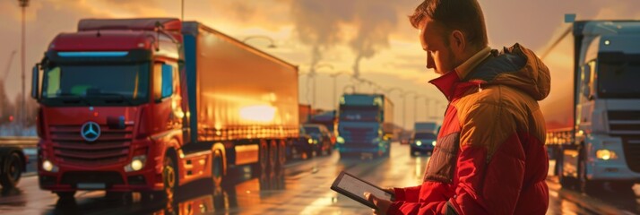 Specialist using a tablet to control and optimize the routes of a fleet of trucks