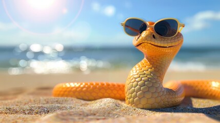 Cool serpent with sunglasses at the beach - obrazy, fototapety, plakaty