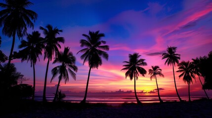 Tropical sunset with silhouetted palm trees