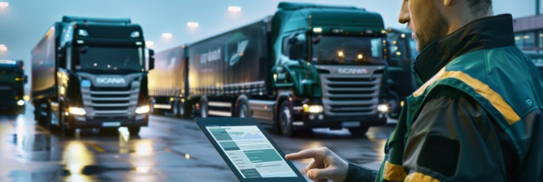 Specialist using a tablet to control and optimize the routes of a fleet of trucks