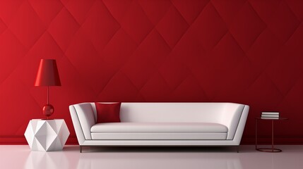 A minimalist white sofa against a textured ruby-red 3D wall.