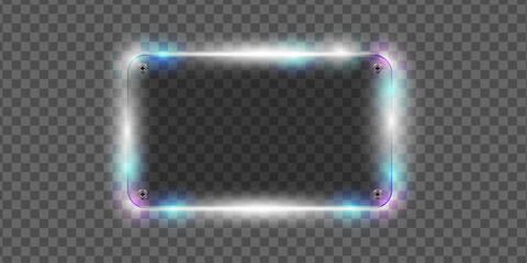 Vector glass frame. Isolated on transparent background. Glass banner realistic with glow effect