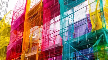 Bright multi-colored security nets scattered around a multi-story building