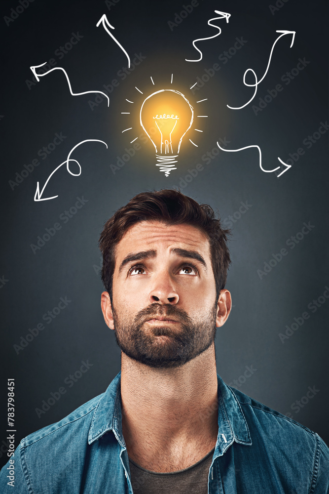 Poster Man, idea and thinking by gray background for mockup with confusion, decision and lightbulb drawing. Thoughtful, innovation and person in studio with illustration for uncertain, doubt and question