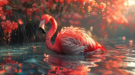 Majestic flamingo in sunset-lit waters - obrazy, fototapety, plakaty