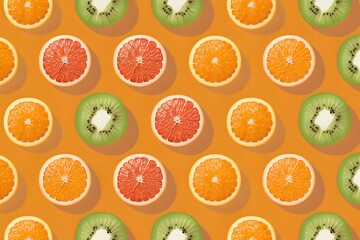 Bright background adorned with kiwi, grapefruit, and oranges