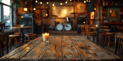 Wooden Tabletop in Cozy Caf Setting Overlooking Live Music Stage for Entertaining Experiences