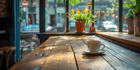 Wooden Bar Table by Cafe Window Offers Solo Visitor a Perfect Spot to Enjoy Coffee and People Watch