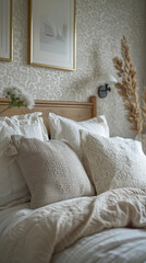 Close-up of a patterned wallpaper accent wall in a bedroom, scandinavian style interior