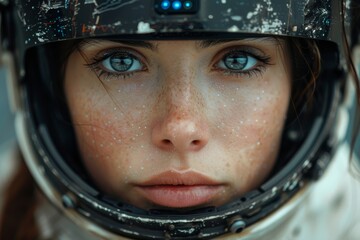 An intense portrait of a woman astronaut gazing intently through her helmet visor, wet with rain - obrazy, fototapety, plakaty