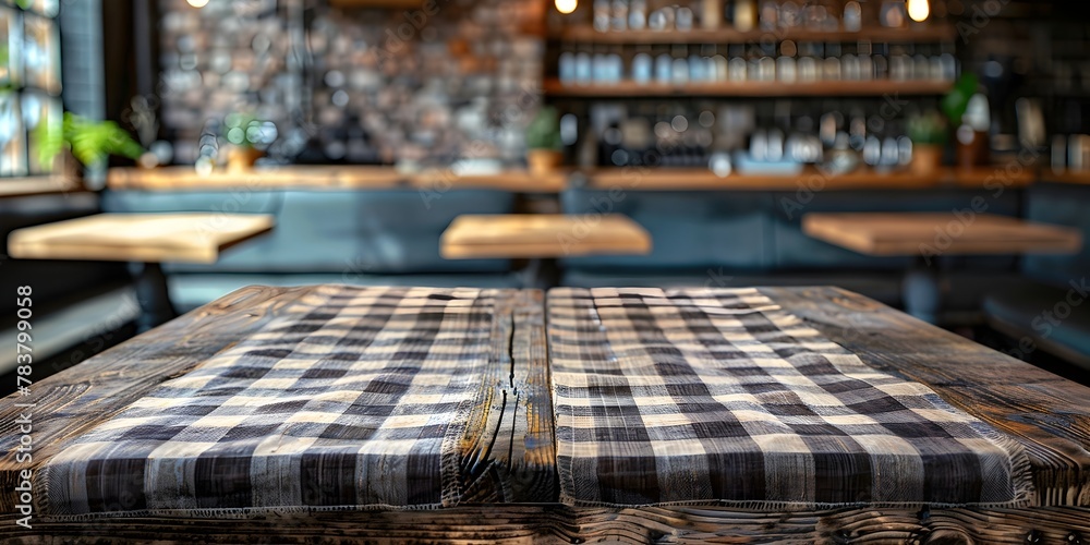 Poster cozy and inviting wooden table with checkered cloth in charming european cafe setting providing ampl