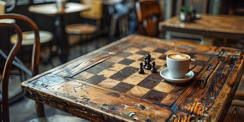 Wooden Table with Inlaid Chessboard Invites Cafe Patrons to Enjoy a Strategic Game and Coffee Break