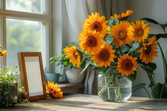 Vibrant and lively sunflowers in a glass vase near a window with a photo frame, inviting a sense of nostalgia