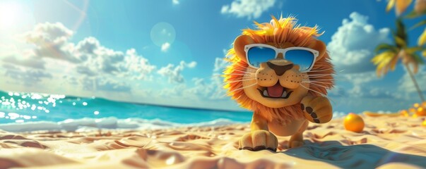 Cheerful cartoon lion on a sunny beach - obrazy, fototapety, plakaty