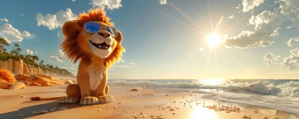 Cool lion cub enjoying sunny beach day - obrazy, fototapety, plakaty