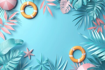 Fototapeta na wymiar Summer Tropical Theme Background with Leaves and Pool Floats