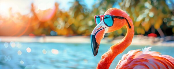 Cool flamingo wearing sunglasses on tropical beach - obrazy, fototapety, plakaty