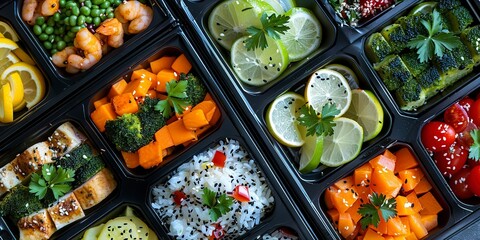 Healthy work lunch in a bento box, close-up, vibrant food colors, clear detail