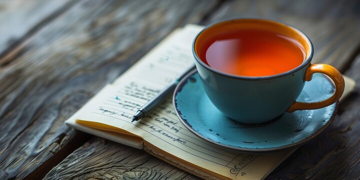 Close-up on a cup of tea beside a to-do list, calming colors, gentle focus
