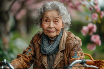 Serene elderly Asian woman with a gentle smile sitting with her bicycle