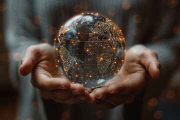 A person holds a digital representation of Earth with glowing connections illustrating global connectivity and technology