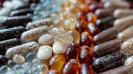 Assortment of Nutritional Supplements in Capsules Close-up