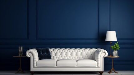 A pristine white sofa contrasting elegantly against a sophisticated navy blue wall background, creating a timeless and chic aesthetic.