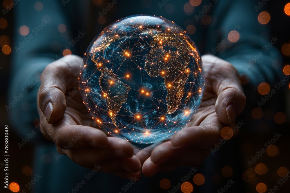 Poster a conceptual image of hands cradling a luminous globe with golden network connection lines symbolizi