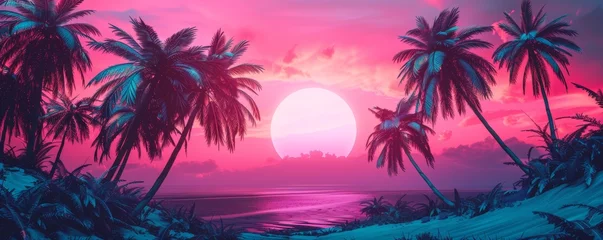 Crédence de cuisine en verre imprimé Rose  Majestic sunset view with silhouette of palm trees against a vibrant pink sky